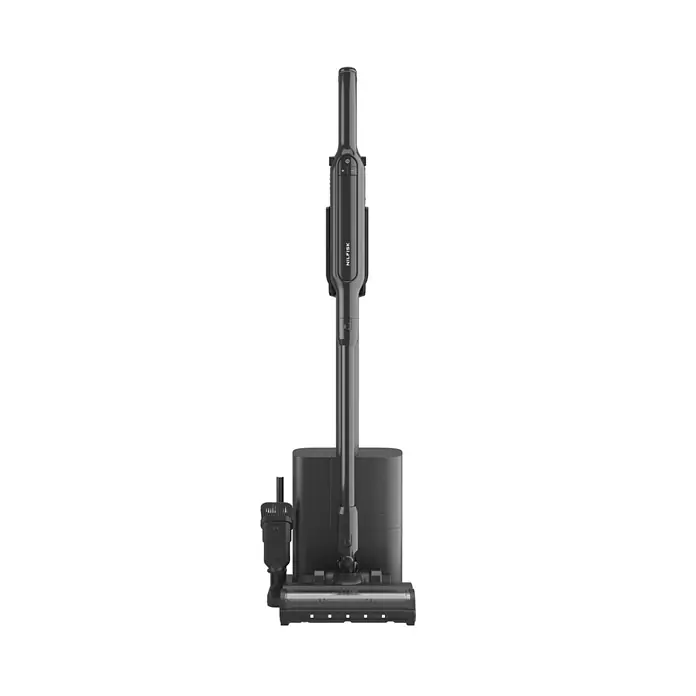 Nilfisk Aspirador de batería Move - 150 W, Volumen de recipiente: 0,2 l, Con base de carga - Aspiradora escoba inalámbrica gris oscuro con estación de carga y accesorio.