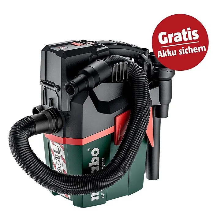 Metabo CAS 18V Akku-Nass-Trockensauger AS 18 L PC Compact - 18 V, Ohne Akku, Behältervolumen: 6 l - Kompakter, schwarz-dunkelgrüner Akku-Staubsauger mit flexiblem Schlauch.