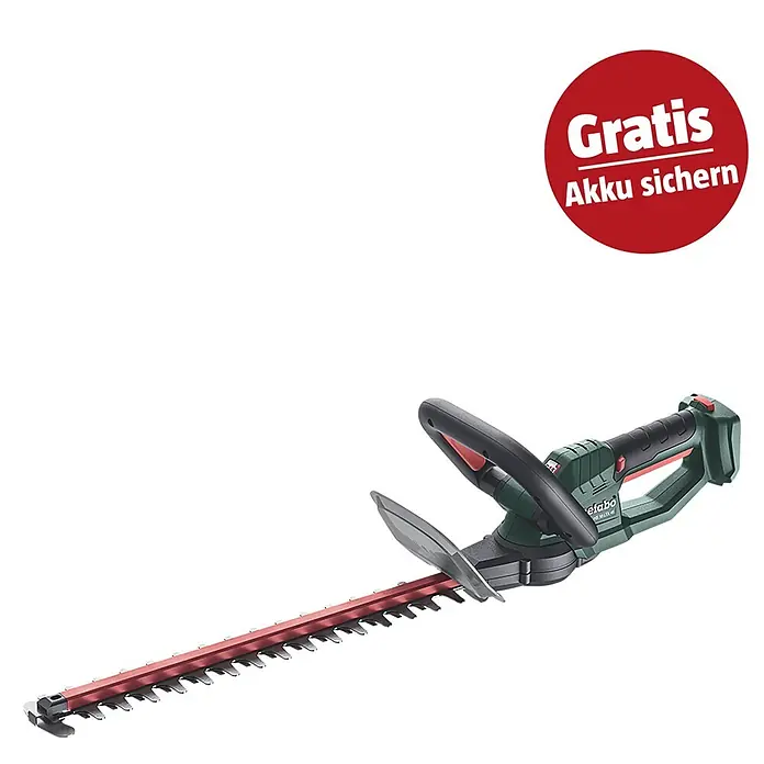 Metabo CAS 18V Akku-Heckenschere HS 18 LTX 45 - 18 V, Li-Ionen, Ohne Akku, Schwertlänge: 45 cm - Grün-schwarze Akku-Heckenschere mit langer roter Klinge und rotem Hinweis "Gratis Akku sichern".
