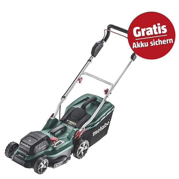Metabo CAS 18V Akku-Rasenmäher RM 36-18 LTX BL 36 - 18 V, Ohne Akku, 5,2 Ah, Schnittbreite: 36 cm - Grüner Metabo Akku-Rasenmäher mit 36 cm Schnittbreite und rotem Hinweis "Gratis Akku sichern".