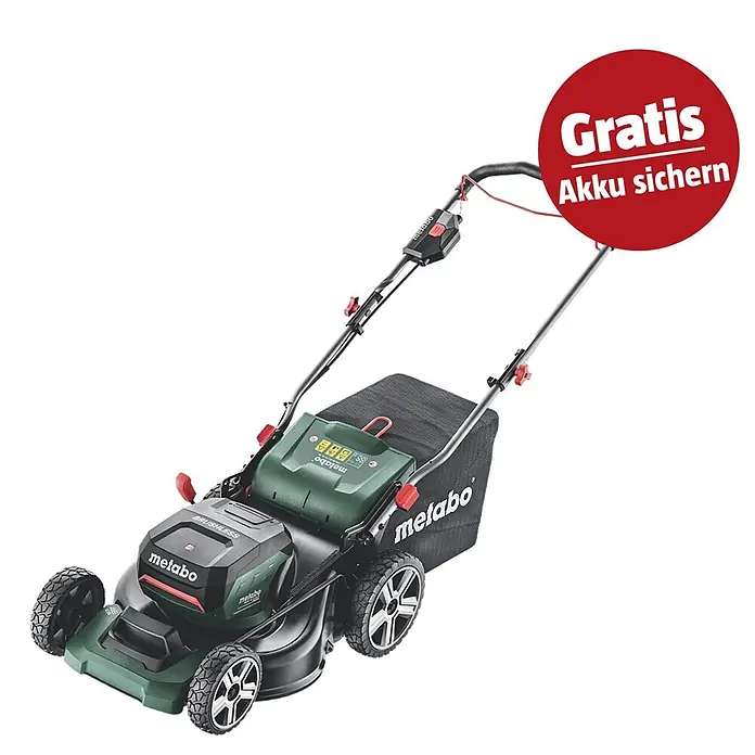 Metabo CAS 18V Akku-Rasenmäher RM 36-18 LTX BL 46 - 18 V, 2 Akkus, 5,2 Ah, Schnittbreite: 46 cm - Grüner und schwarzer Metabo Akku-Rasenmäher mit Akkupack und „Gratis Akku sichern“-Angebot.