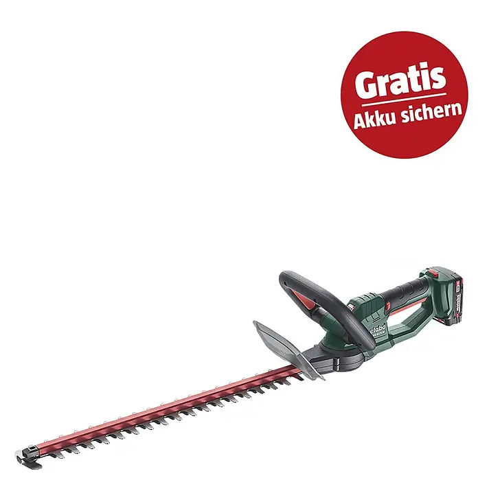 Metabo CAS 18V Akku-Heckenschere HS 18 LTX 55 - 18 V, 2 Akkus, Schwertlänge: 55 cm - Grüne und schwarze Akku-Heckenschere mit rotem Messer für die Gartenpflege.