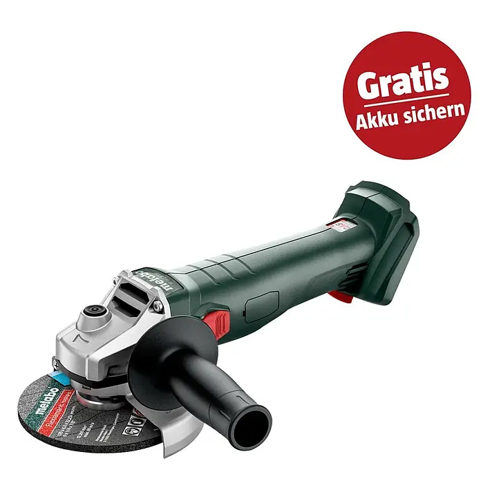 Metabo CAS 18V Akku-Winkelschleifer W 18 L 9-125 - 18 V, Ohne Akku, Durchmesser Scheibe: 125 mm - Metabo Winkelschleifer in Grün-Silber mit schwarzem Griff. Roter Aufkleber: "Gratis Akku sichern".