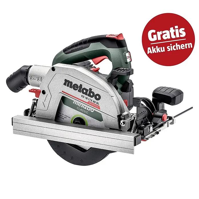 Metabo CAS 18V Akku-Handkreissäge KS 18 LTX 66 BL - 18 V, Ohne Akku, 4.800 U/min - Metabo KS 18 LTX 66 BL Akku-Handkreissäge, silbergrau mit grünem und schwarzem Griff. „Gratis Akku sichern“ Aufkleber.
