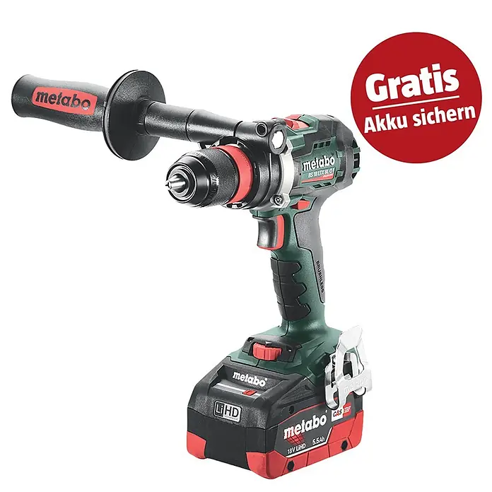 Metabo CAS 18V Akku-Bohrschrauber BS 18 LTX BL Q I - 18 V, 2 Akkus, 5,5 Ah, 130 Nm - Grüne und schwarze Metabo Akkubohrmaschine mit rotem Zusatzgriff und abnehmbarem 18V 5.5Ah LiHD Akku.