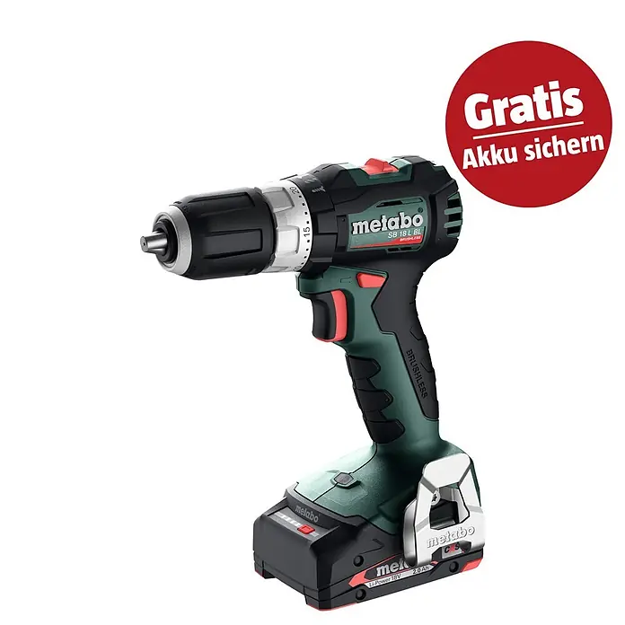 Metabo CAS 18V Akku-Schlagbohrschrauber SB 18 L BL - 18 V, 2 Akkus, 2 Ah, 65 Nm - Metabo SB 18 L BL Akku-Bohrschrauber in Grün/Schwarz mit Gratis Akku Angebot.