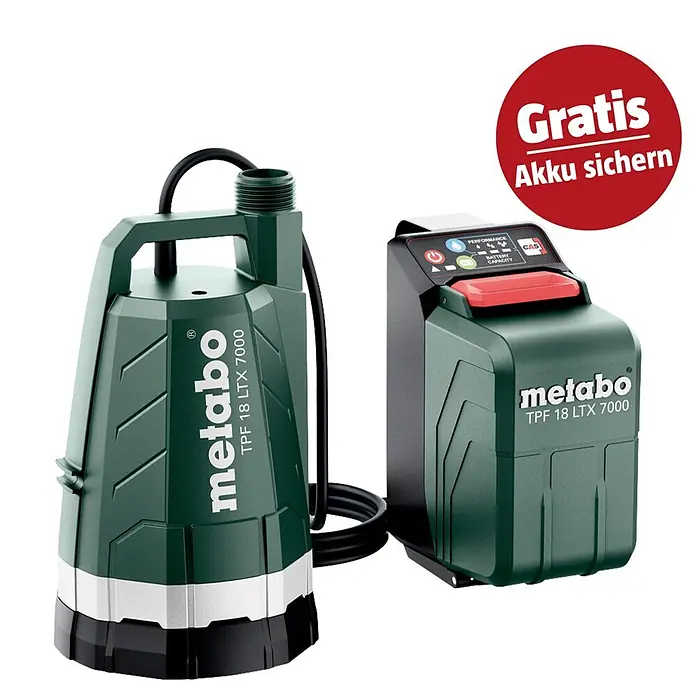 Metabo CAS 18V Tauchpumpe TPF 18 LTX 7000 - Max. Fördermenge: 7.000 l/h - Zwei grüne Metabo TPF 18 LTX 7000 Geräte: eine Tauchpumpe und eine Akku-Steuereinheit. Inklusive 'Gratis Akku sichern' Aktion.