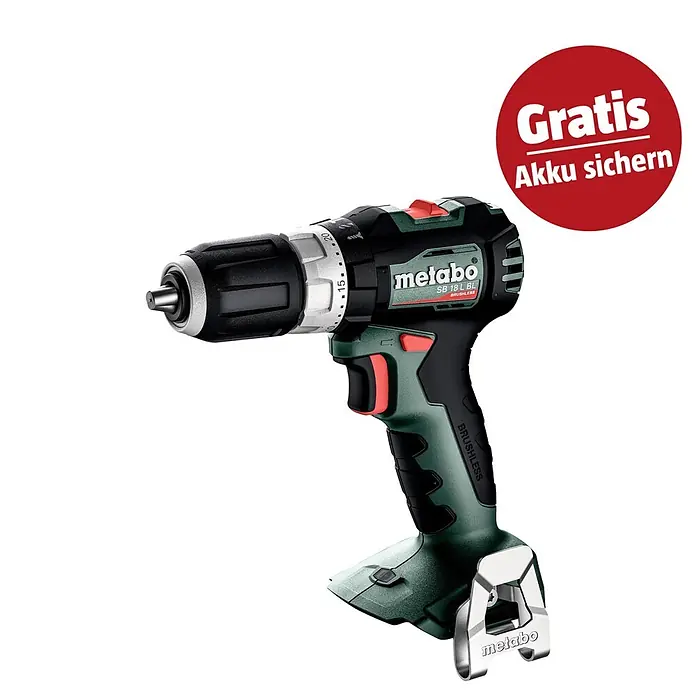 Metabo CAS 18V Akku-Schlagbohrschrauber SB 18 L BL - 18 V, Ohne Akku, 65 Nm - Metabo SB 18 L BL bürstenloser Akkubohrschrauber in Grün und Schwarz mit roten Akzenten, silbernem Bohrfutter und Metallgürtelclip.