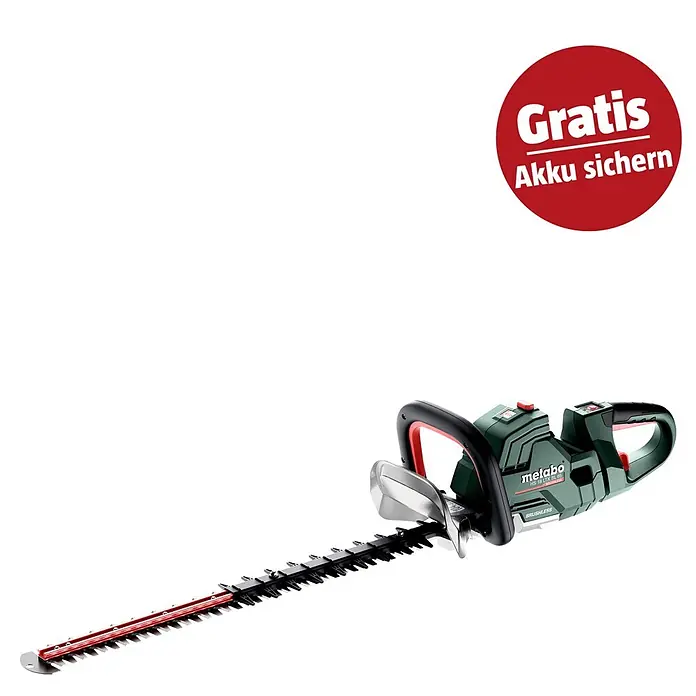 Metabo CAS 18V Akku-Heckenschere HS 18 LTX BL 65 - 18 V, Ohne Akku, Schnittlänge: 60 cm - Metabo Akku-Heckenschere in Dunkelgrün, Schwarz und Rot mit langem Messer. Inklusive Angebot für Gratis-Akku.