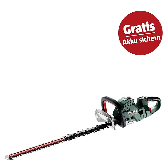 Metabo CAS 18V Akku-Heckenschere HS 18 LTX BL 75 - 18 V, Ohne Akku, Schnittlänge: 70 cm - Metabo Akku-Heckenschere in Grün/Schwarz mit Silberklinge. Roter Kreis: 'Gratis Akku sichern'.