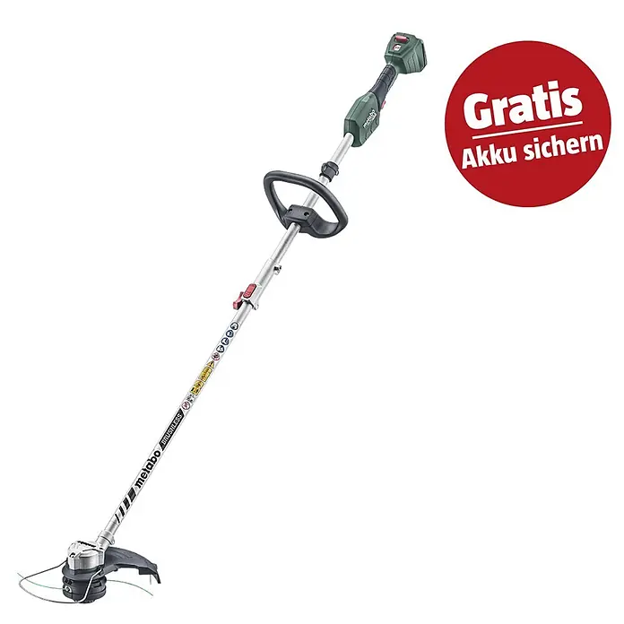 Metabo CAS 18V Akku-Rasentrimmer RTD 18 LTX BL 30 - 18 V, 2 Ah, Ohne Akku, Schnittbreite Faden: 30 cm - Grüner und silberner Akku-Rasentrimmer mit schwarzem Griff, roter Kreis „Gratis Akku sichern“.