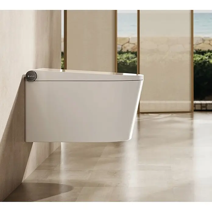 Taza de WC suspendida Japonés Smart Gamma - Sin borde de descarga, Salida WC: Horizontal, Blanco - Inodoro blanco suspendido de diseño minimalista, integrado en un baño moderno.