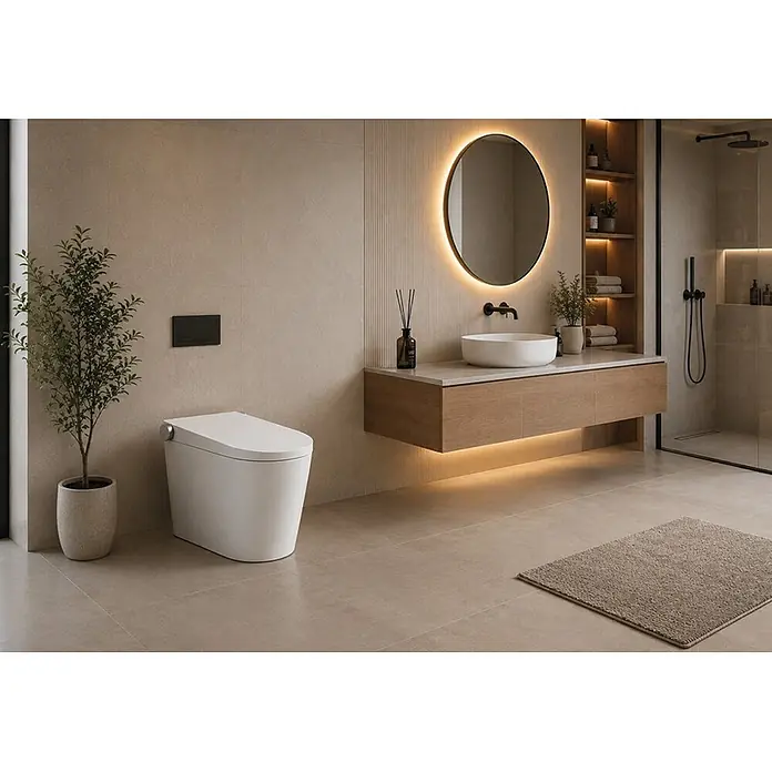Taza de WC Japonés Smart Beta - Sin borde de descarga, Salida WC: Vertical, Blanco - Baño moderno con inodoro inteligente blanco, tocador flotante de madera y espejo retroiluminado.