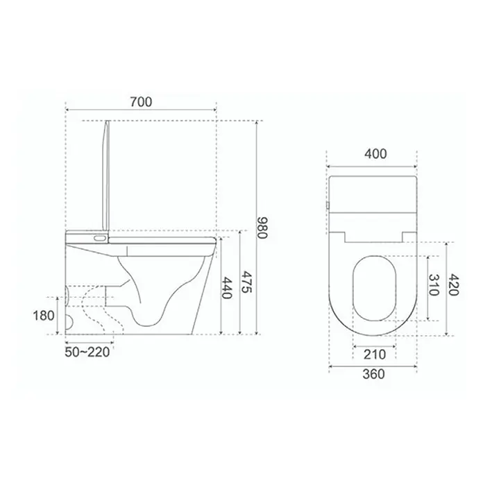 Taza de WC Japonés Smart Alpha - Sin borde de descarga, Salida dual, Blanco - Dibujo técnico monocromo de un inodoro, mostrando vistas lateral y superior con dimensiones detalladas.
