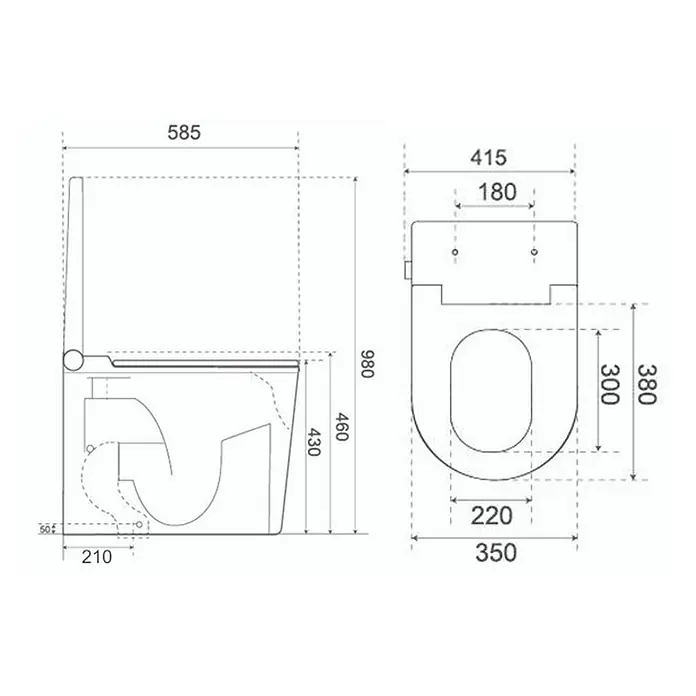 Taza de WC Japonés Smart Beta - Sin borde de descarga, Salida WC: Vertical, Blanco - Dimensiones para un inodoro moderno suspendido, representado en vistas técnicas lateral y superior.