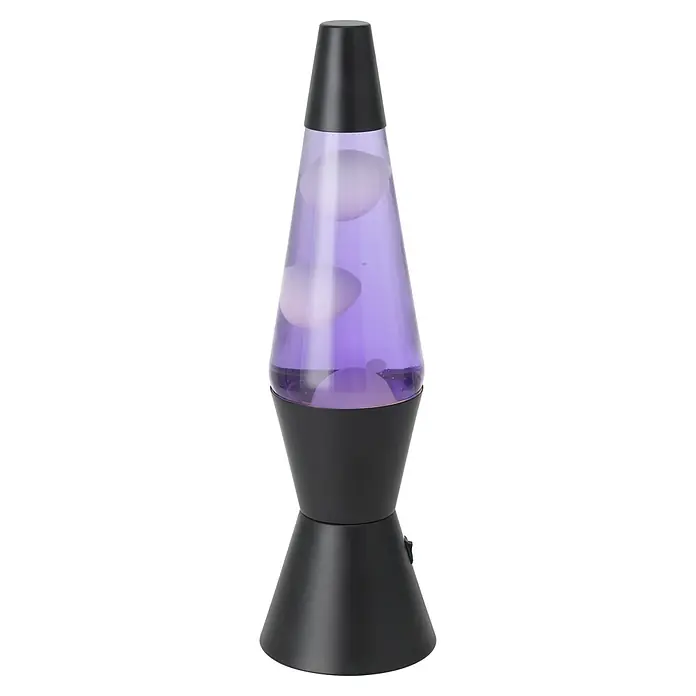 Eglo Lavalampe - 2,2 W, Ø x H: 105 x 360 mm, Farbe Gehäuse: Violett/ Weiß - Eine schwarze Lavalampe mit violetter Flüssigkeit und weißen, fließenden Wachsformen im Inneren.