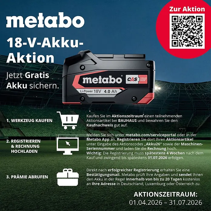 Metabo CAS 18V Akku-Rasentrimmer FSB 36-18 LTX BL 40 - 18 V, 2 Ah, Ohne Akku, Schnittbreite Faden: 40 cm - Metabo 18V 4.0 Ah Li-Power Akku auf einem Werbeplakat, schwarz-rot mit CAS-Branding.