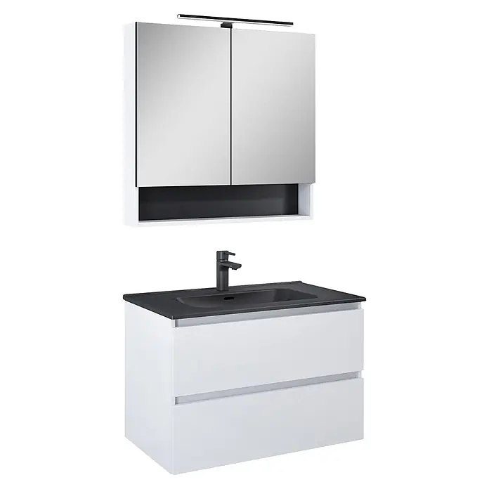 Riva Lynn Waschtischunterschrank - B x T x H: 80 x 45,6 x 53 cm, Weiß Matt, Matt - Modernes weißes Badmöbel-Set mit dunkelgrauem Waschbecken, schwarzem Wasserhahn und Spiegelschrank mit integrierter Beleuchtung.