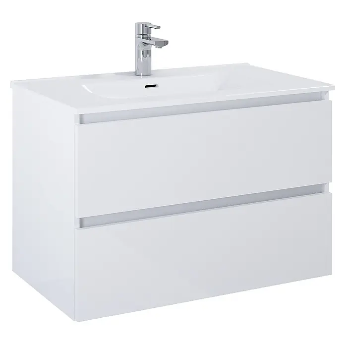 Riva Lynn Waschtischunterschrank - B x T x H: 80 x 45,6 x 53 cm, Weiß Matt, Matt - Weißer Badezimmerschrank mit zwei Schubladen, integriertem Waschbecken und Chromarmatur.