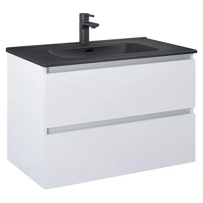 Riva Lynn Waschtischunterschrank - B x T x H: 80 x 45,6 x 53 cm, Weiß Matt, Matt - Schwarzes Waschbecken und Wasserhahn auf weißem Badunterschrank mit zwei Schubladen.
