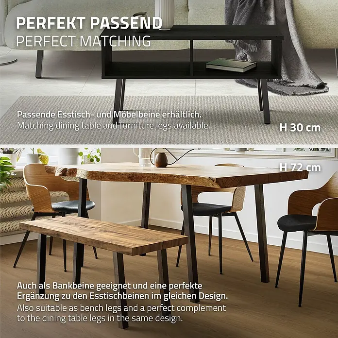 ML-Design Tischgestell 4er Set Tischkufen schräg Möbelfüße und aus Stahl I-Form - Traglast: 500 kg, Stahl - Dunkle Metallmöbelbeine in zwei Höhen: 30 cm für Couchtisch, 72 cm für Esstisch und Bank, zeigen die Designvielfalt.