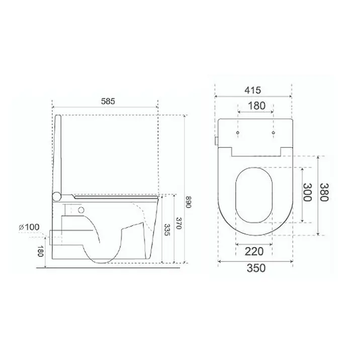 Taza de WC suspendida Japonés Smart Gamma - Sin borde de descarga, Salida WC: Horizontal, Blanco - Dibujo técnico de un inodoro, mostrando vistas lateral y superior con dimensiones detalladas.