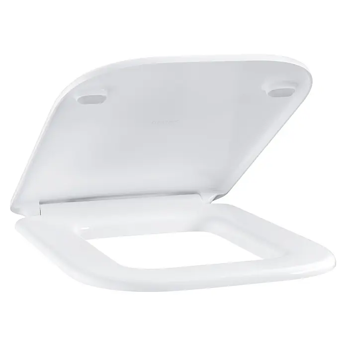Grohe WC-Sitz StartEdge - Duroplast, Weiß, Mit Absenkautomatik - Weißer Toilettensitz mit geöffnetem Deckel, zeigt die glatte Oberfläche und dezentes GROHE Branding.