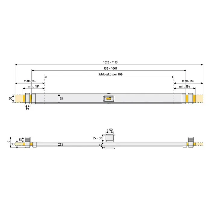 Abus Panzerriegel PR 2600 - Braun, Geeignet für: Türblattbreite von 73,5 - 103 cm - Abbildung des Türschlosskörpers 709 mit Maßangaben zu Länge und Breite.