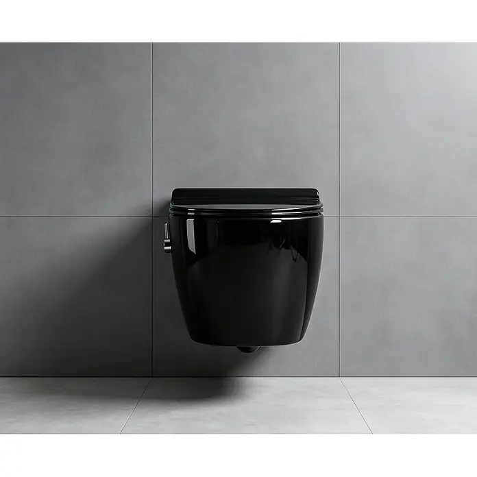 Glasdeals Wand-Dusch-WC TAHARET SCHWARZ Wand-Dusch-WC spülrandlos - Spülrandlos, Ohne Spezialglasur, Spülform: Tief, WC Abgang: Waagerecht, Schwarz - Glänzende schwarze wandhängende Toilette.