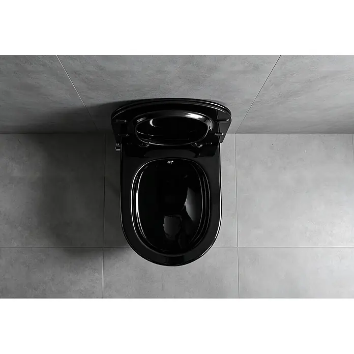 Glasdeals Wand-Dusch-WC TAHARET SCHWARZ Wand-Dusch-WC spülrandlos - Spülrandlos, Ohne Spezialglasur, Spülform: Tief, WC Abgang: Waagerecht, Schwarz - Glänzende schwarze Toilette mit offenem Deckel, von oben gesehen.