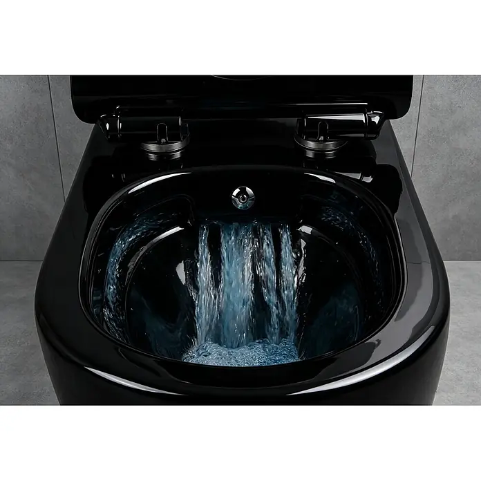Glasdeals Wand-Dusch-WC TAHARET SCHWARZ Wand-Dusch-WC spülrandlos - Spülrandlos, Ohne Spezialglasur, Spülform: Tief, WC Abgang: Waagerecht, Schwarz - Glänzende schwarze Toilettenschüssel mit kräftig spülendem blauen Wasser.
