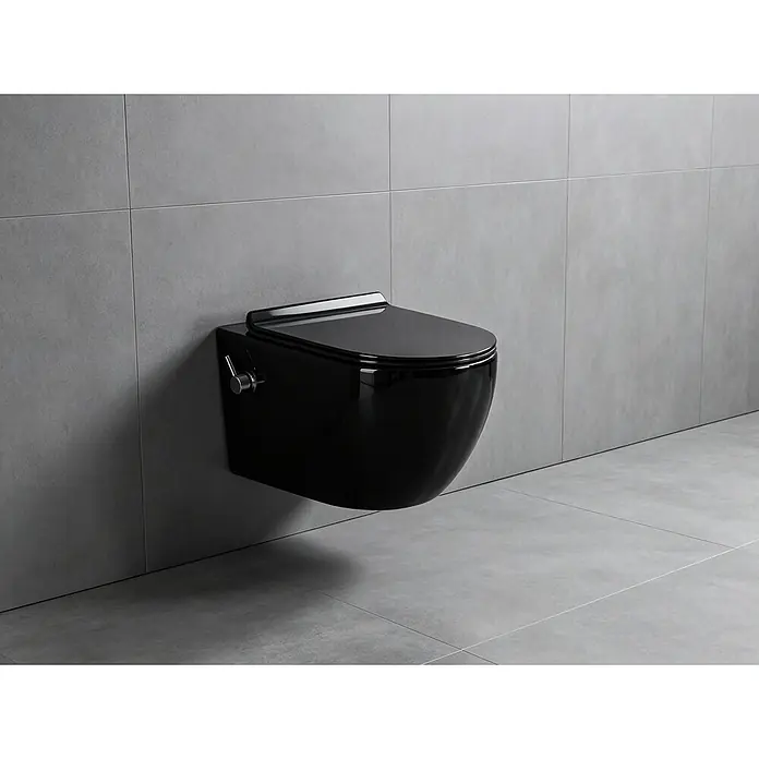 Glasdeals Wand-Dusch-WC TAHARET SCHWARZ Wand-Dusch-WC spülrandlos - Spülrandlos, Ohne Spezialglasur, Spülform: Tief, WC Abgang: Waagerecht, Schwarz - Glänzendes schwarzes Wand-WC aus Keramik mit Chrom-Bidetbrause.
