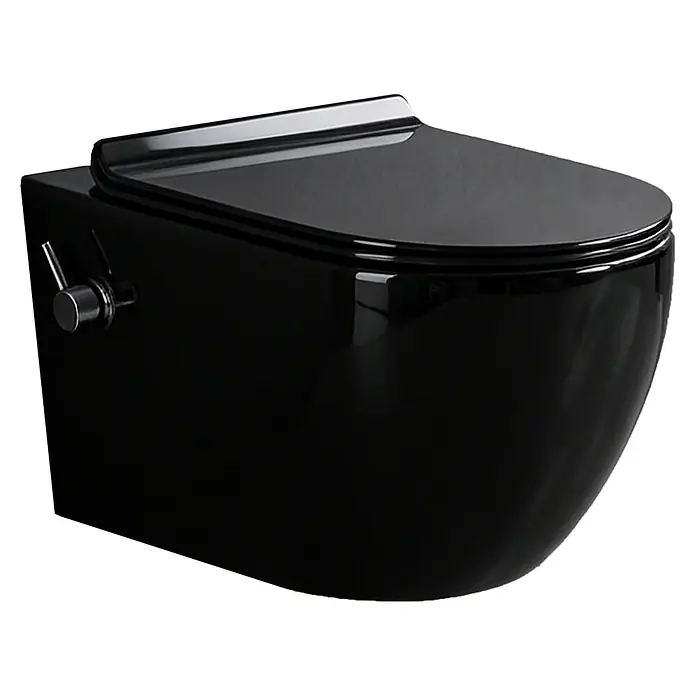 Glasdeals Wand-Dusch-WC TAHARET SCHWARZ Wand-Dusch-WC spülrandlos - Spülrandlos, Ohne Spezialglasur, Spülform: Tief, WC Abgang: Waagerecht, Schwarz - Glänzende schwarze Hänge-Toilette mit passendem Deckel und einem Chrom-Akzent an der Seite.