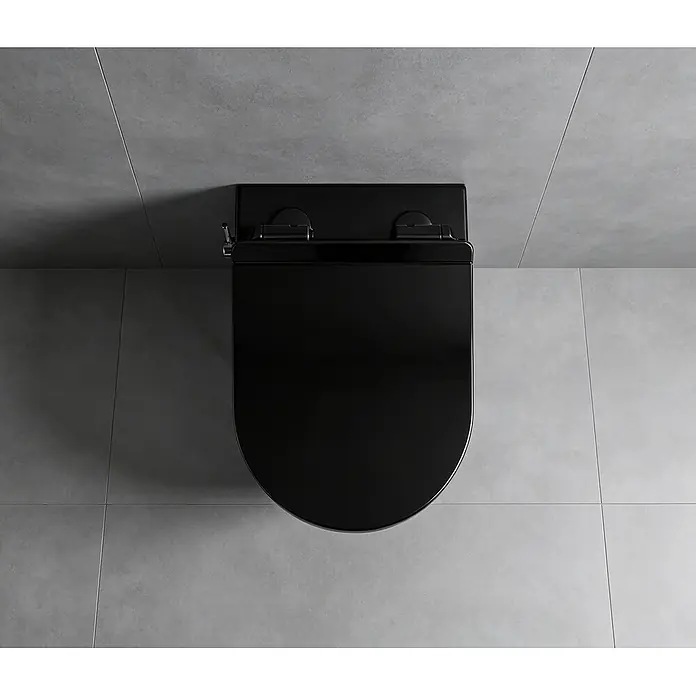 Glasdeals Wand-Dusch-WC TAHARET SCHWARZ Wand-Dusch-WC spülrandlos - Spülrandlos, Ohne Spezialglasur, Spülform: Tief, WC Abgang: Waagerecht, Schwarz - Blick von oben auf eine moderne, glänzend schwarze Toilette mit geschlossenem Deckel.