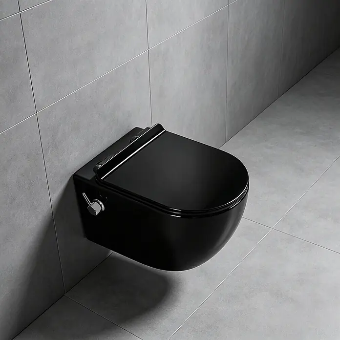 Glasdeals Wand-Dusch-WC TAHARET SCHWARZ Wand-Dusch-WC spülrandlos - Spülrandlos, Ohne Spezialglasur, Spülform: Tief, WC Abgang: Waagerecht, Schwarz - Elegante schwarze wandhängende Toilette mit glänzender Oberfläche und Chromhebel.