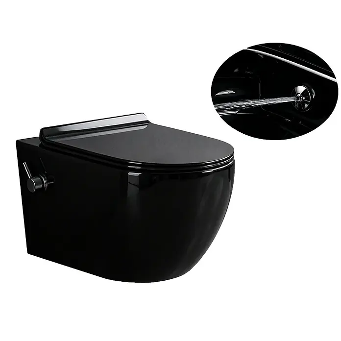 Glasdeals Wand-Dusch-WC TAHARET SCHWARZ Wand-Dusch-WC spülrandlos - Spülrandlos, Ohne Spezialglasur, Spülform: Tief, WC Abgang: Waagerecht, Schwarz - Schwarzes Wand-WC mit integrierter Bidet-Sprühfunktion.