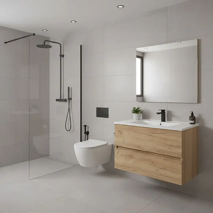 Conjunto de mueble de baño Cancún - Ancho: 80 cm, Roble, 3 pzs. - Baño moderno con mueble de madera clara, inodoro suspendido blanco y grifería de ducha negra.
