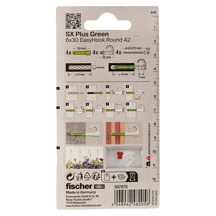 Fischer Spreizdübel SX Plus Green 6 x 30 EasyHook Round A2 K - Ø x L: 6 x 30 mm, Kunststoff, 4 Stk., PZ 2, Spanplattenschraube - fischer SX Plus Green 6x30 EasyHook Rund A2 Befestigungsset mit grünen Dübeln, Schrauben und weißen Rundhaken auf Verpackung.