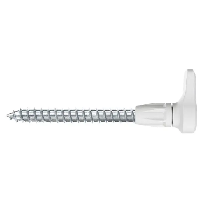 Fischer Spreizdübel SX Plus Green 6 x 30 EasyHook Angle A2 K - Ø x L: 6 x 30 mm, Kunststoff, 4 Stk., PZ 2, Spanplattenschraube - Silberne Metallschraube mit grobem Gewinde und spitzer Spitze, befestigt an einem weißen Kunststoffdübel.
