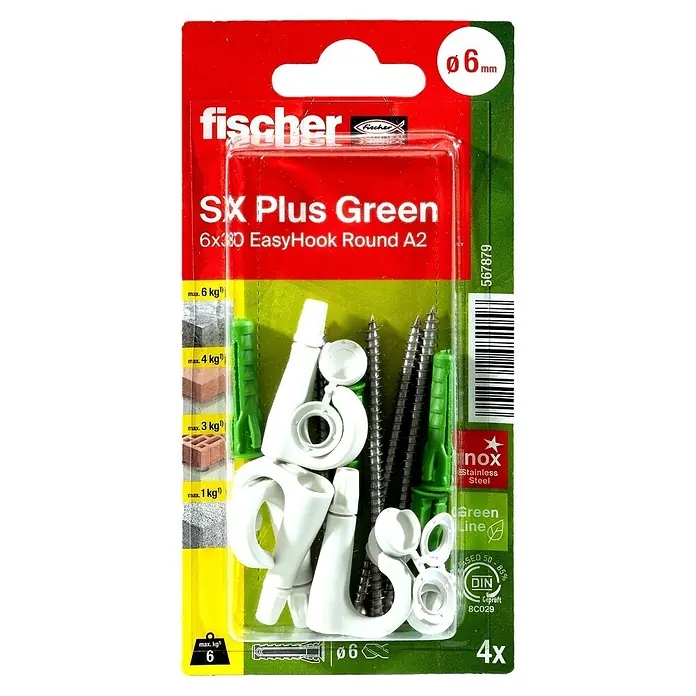 Fischer Spreizdübel SX Plus Green 6 x 30 EasyHook Round A2 K - Ø x L: 6 x 30 mm, Kunststoff, 4 Stk., PZ 2, Spanplattenschraube - Fischer SX Plus Green EasyHook Set: grüne Dübel, weiße Kunststoffhaken (rund/J-Form) und Edelstahlschrauben in 6mm. Für diverse Wandtypen geeignet, 4 Stück.