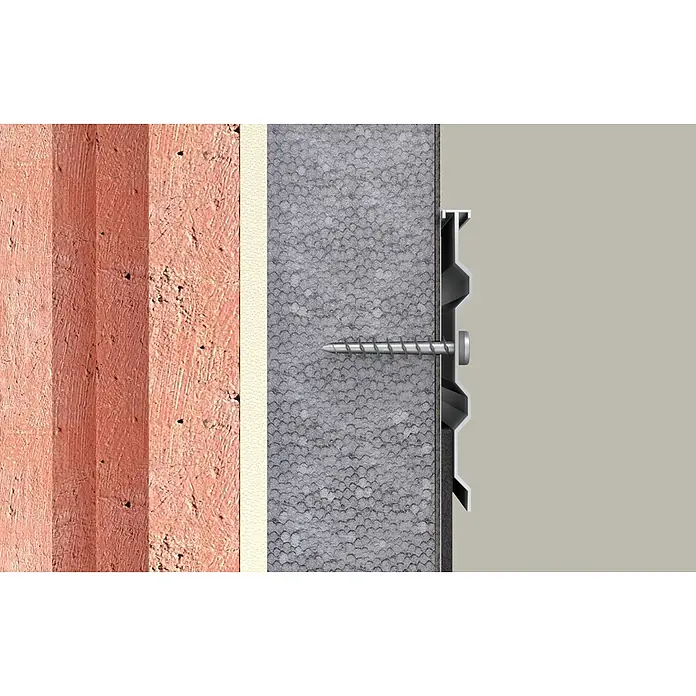 Fischer Universalschraube FID-Z K - 6 Stk., Geeignet für: Dämmplatten aus Polystyrol - Querschnitt eines Wärmedämmverbundsystems: Mauerwerk, Kleber, graue Dämmplatte und eine Schraube, die ein Sockelprofil befestigt.