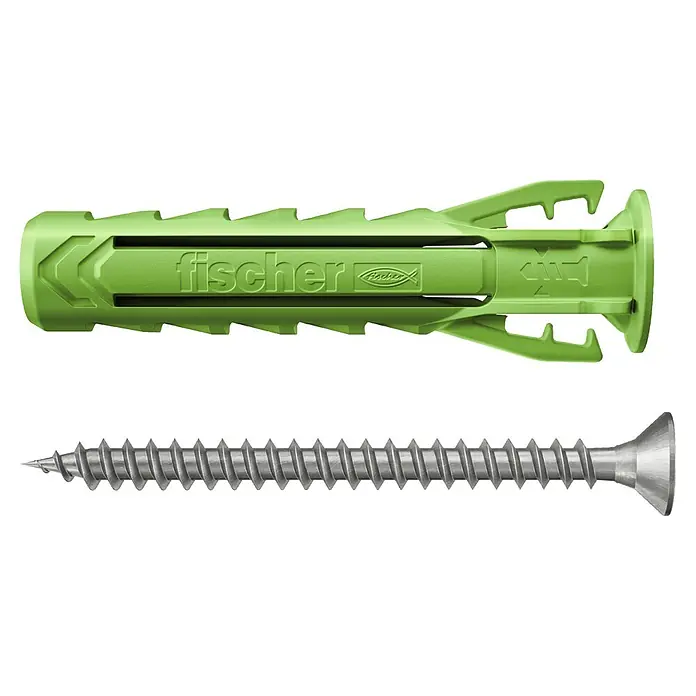 Fischer Spreizdübel SX Plus Green 6 x 30 EasyHook Angle A2 K - Ø x L: 6 x 30 mm, Kunststoff, 4 Stk., PZ 2, Spanplattenschraube - Grüner Kunststoffdübel und eine silberne Metallschraube zur Befestigung.