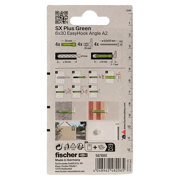 Fischer Spreizdübel SX Plus Green 6 x 30 EasyHook Angle A2 K - Ø x L: 6 x 30 mm, Kunststoff, 4 Stk., PZ 2, Spanplattenschraube - Fischer SX Plus Green Dübel-Set mit grünen Dübeln, weißen Winkelhaken und Schrauben zur Wandbefestigung.