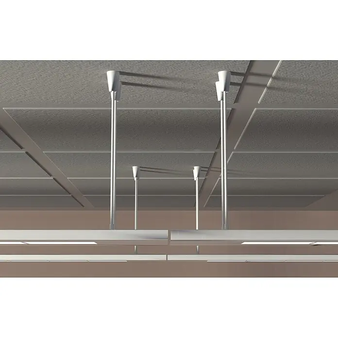 Fischer Deckennagel FDN II 6/5 - Länge Dübel: 40 mm, Galvanisch verzinkt, Maximalbauteildicke: 5 mm, 100 Stk. - Silberne lineare Leuchten mit hellweißen Lichtstreifen, von einer Moduldecke abgehängt.