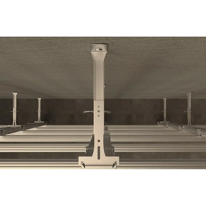 Fischer Deckennagel FDN II 6/5 - Länge Dübel: 40 mm, Galvanisch verzinkt, Maximalbauteildicke: 5 mm, 100 Stk. - Verstellbare, silberfarbene Metallstützen, die von einer Betondecke ausgehen und ein Rastersystem für einen Doppelboden tragen.