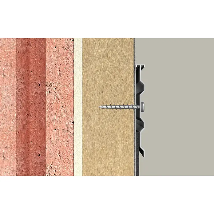 Fischer Universalschraube FID-Z K - 6 Stk., Geeignet für: Dämmplatten aus Polystyrol - Nahaufnahme einer Schraube mit Torx-Antrieb, die ein Montageprofil an einer Holzplatte in einem mehrschichtigen Wandsystem befestigt.
