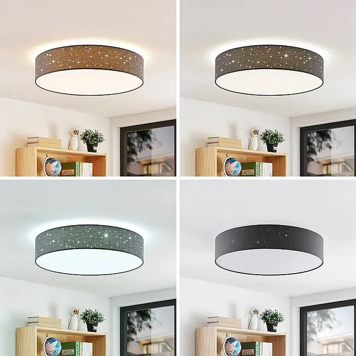 Lindby Deckenleuchte Ellamina - schwarz - Runde Deckenleuchte mit grauem Stoffschirm und Sternausschnitten, gezeigt mit verschiedenen Lichttemperaturen und Sternen-Leuchteffekt.