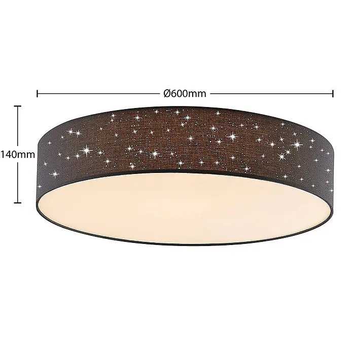 Lindby Deckenleuchte Ellamina - schwarz - Beleuchtete runde Deckenleuchte aus dunklem Stoff mit Sternenmuster, Ø600mm, H140mm.