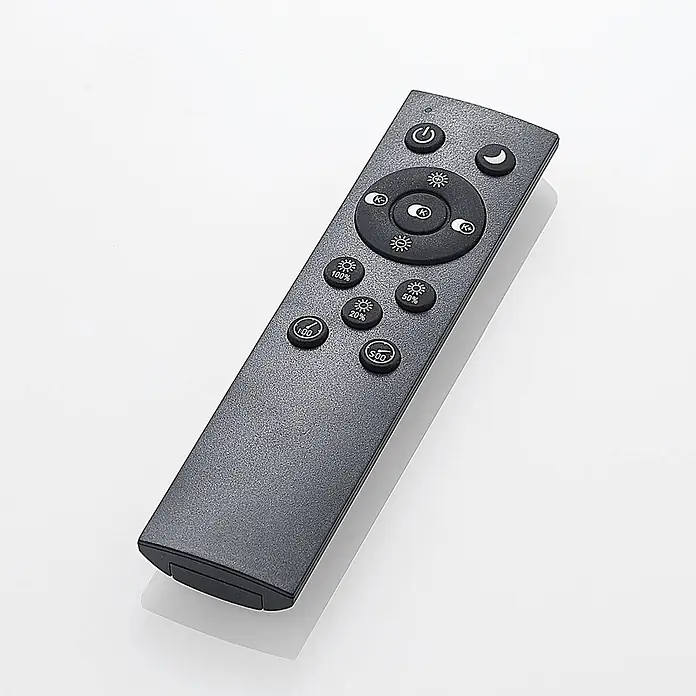 Lindby Deckenleuchte Ellamina - schwarz - Dunkelgraue Fernbedienung für Leuchten mit Ein/Aus-, Helligkeits-, Farbtemperatur- und Timer-Tasten.