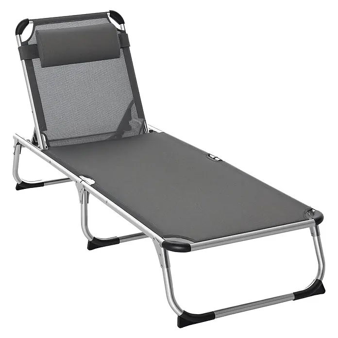 Outsunny Gartenliege - Grau, Aluminium - Graue klappbare Sonnenliege mit verstellbarer Netzrückenlehne und Aluminiumrahmen, mit Kopfstütze.